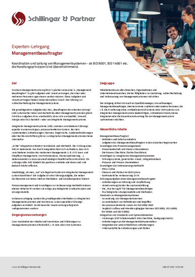 Fact Sheet zur Ausbildung zum Managementbeauftragten (IMS) Nähere Informationen zur Ausbildung zum Managementbeauftragten