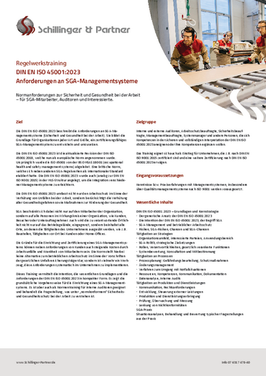 Informationen zur Schulung Arbeitsschutzmanagement SGA ISO 45001 von Schillinger & Partner