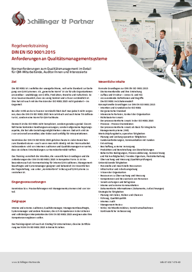 Informationen zur Schulung Qualitätsmanagement ISO 9001 von Schillinger & Partner