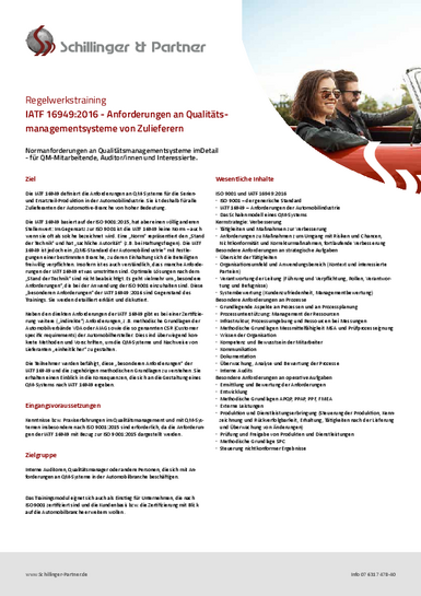Regelwerkstraining Normentraining IATF 16949:2016 Auditorenqualifikation Schillinger & Partner GmbH