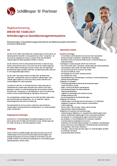 Fact Sheet zur ISO 13485 Schulung für Medizinprodukte Nähere Informationen zur ISO 13485 Schulung für Medizinprodukte